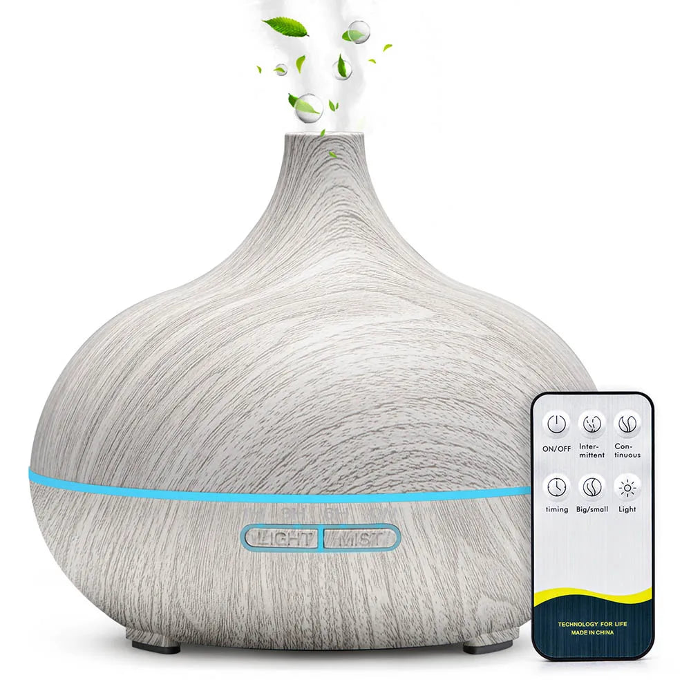 500ml Wood Grain Aromatherapy Diffuser – Remote Control & 7 Colour LED Ultrasonic Humidifier