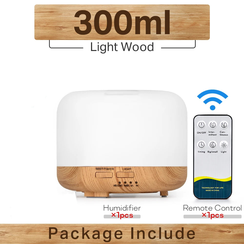 Essential Oil Diffuser & Air Humidifier – 300ml / 500ml / 1000ml with Remote Control & LED Lights