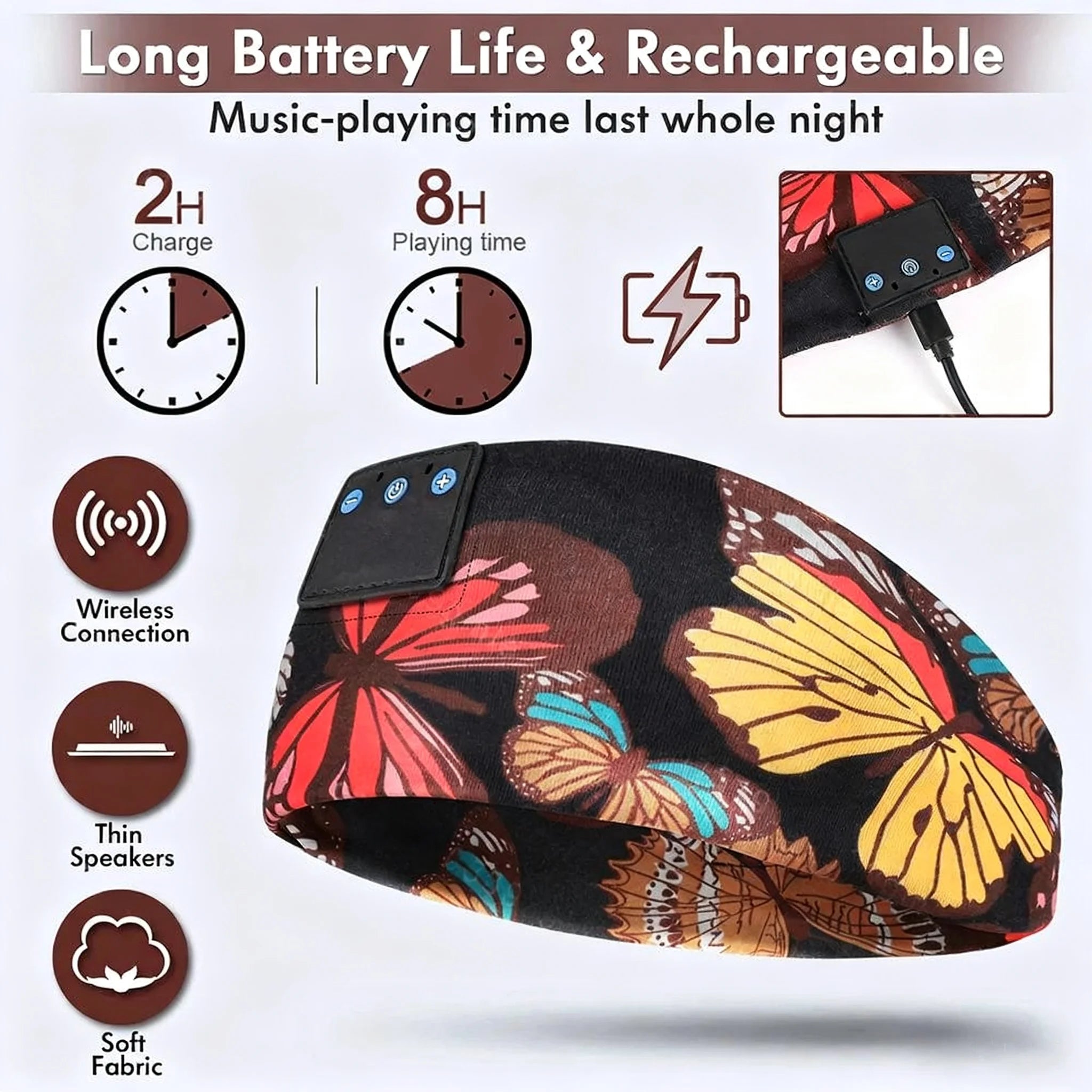 Butterfly Print Bluetooth Headband – Sweatproof Sleep & Workout Eye Mask Wireless Headset