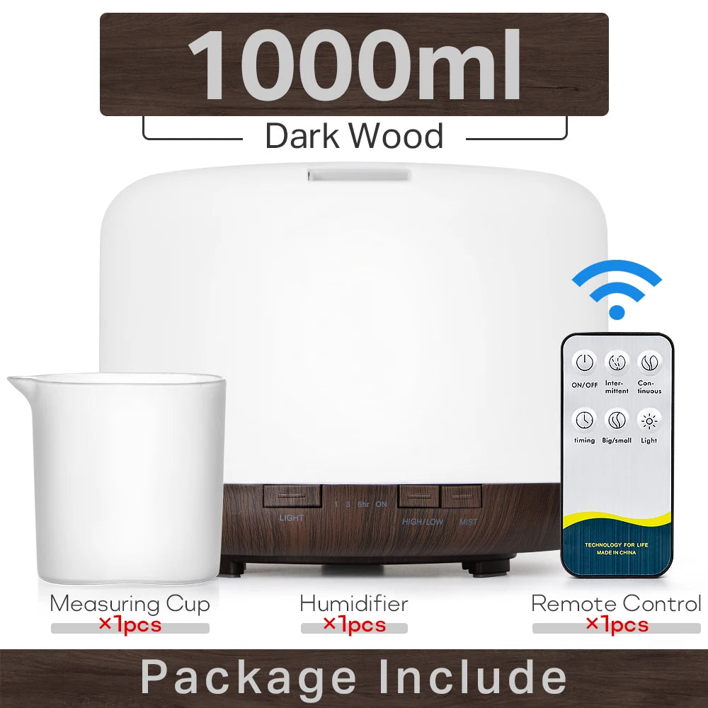 Essential Oil Diffuser & Humidifier – 300ml / 500ml / 1000ml with LED Lights & Remote Control