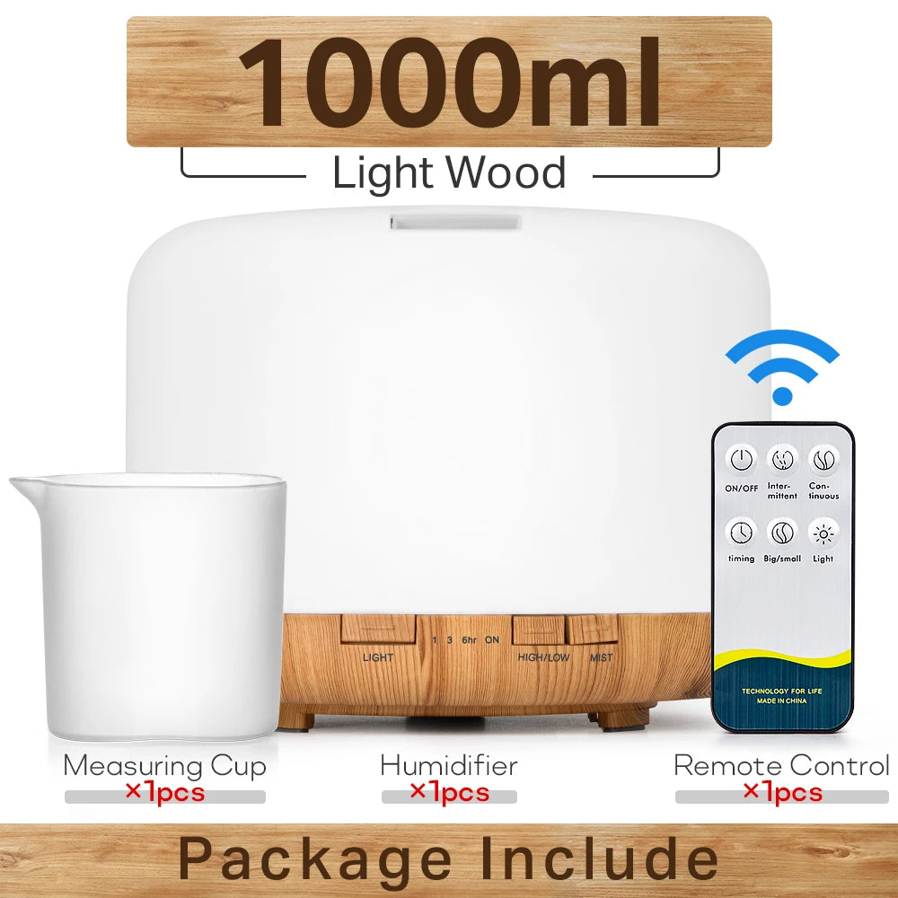 Essential Oil Diffuser & Air Humidifier – 300ml / 500ml / 1000ml with Remote Control & LED Lights