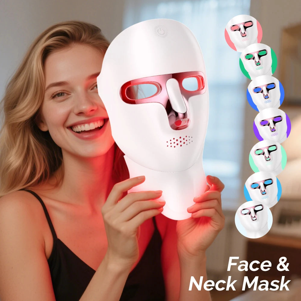 7-Colour LED Face & Neck Photon Mask – Rechargeable Skin Whitening & Tightening