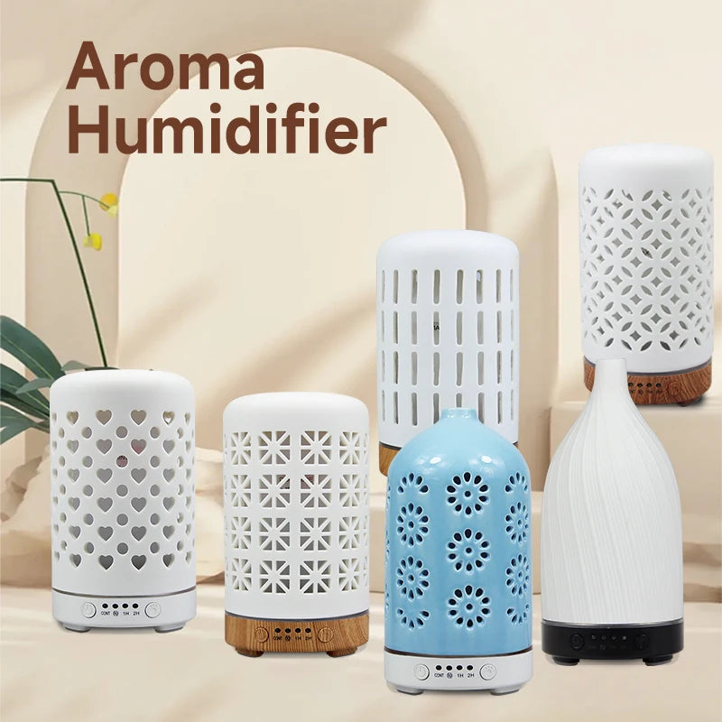 Ceramic Ultrasonic Aroma Diffuser – Timer, LED Lights & Desktop Essential Oil Humidifier