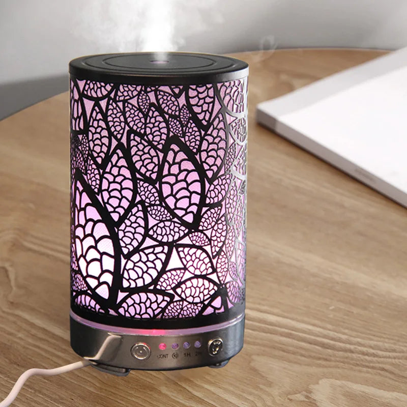 Aroma Diffuser Iron Hollow Leaves Ultrasonic Air Humidifier Desktop Humidifier Smart Home Appliances Room Decor with Led Light