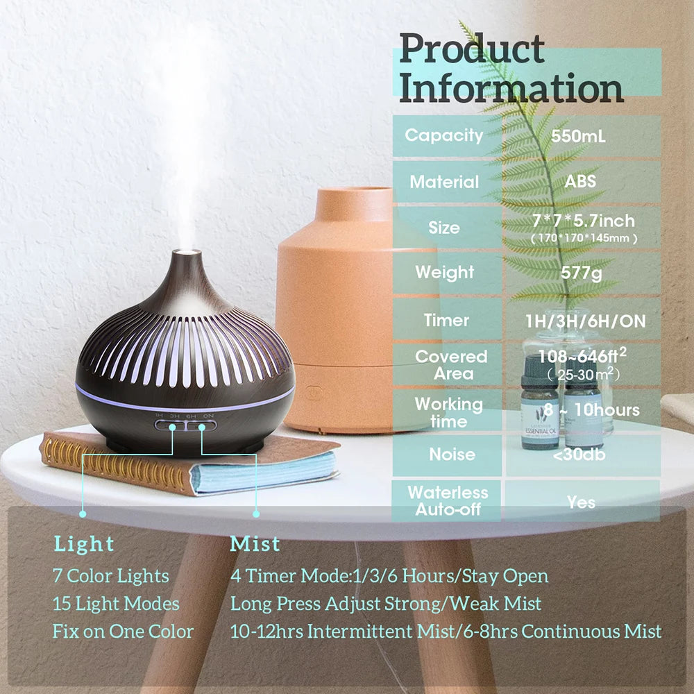500ml Wood Grain Aromatherapy Diffuser – Remote Control & 7 Colour LED Ultrasonic Humidifier