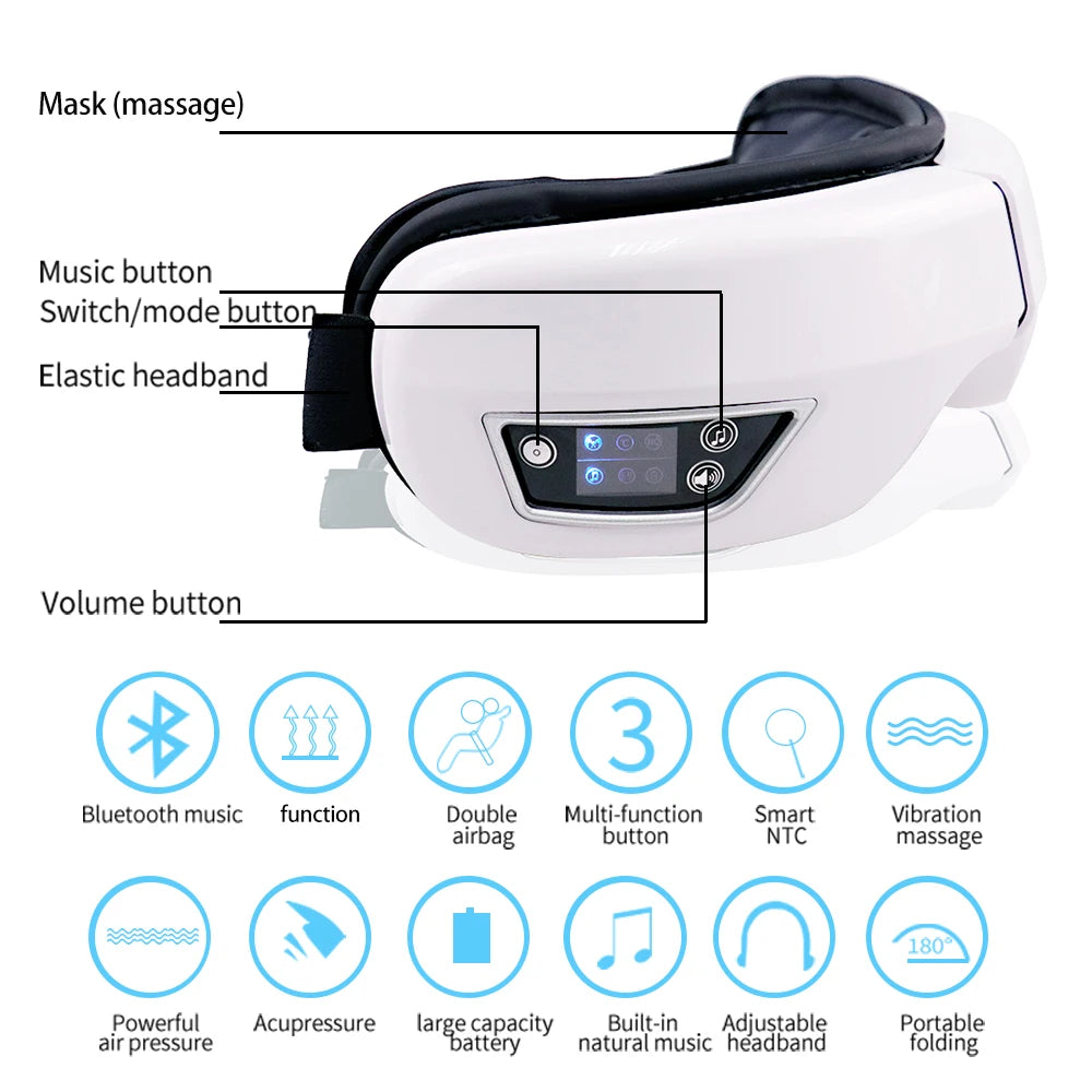 6D Smart Vibration Eye Massager – Airbag Compression, Bluetooth Music & Sleep Mask