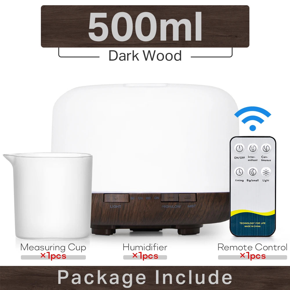 Essential Oil Diffuser & Air Humidifier – 300ml / 500ml / 1000ml with Remote Control & LED Lights