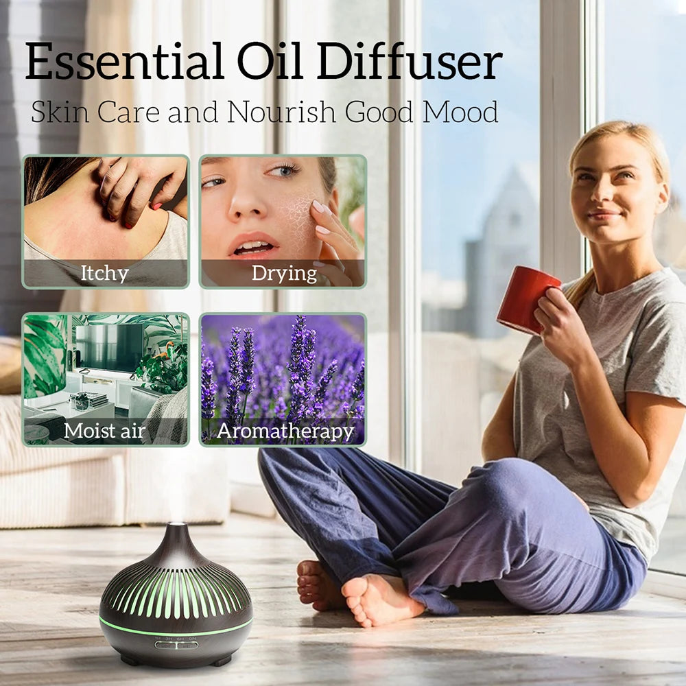 500ml Wood Grain Aromatherapy Diffuser – Remote Control, 7 Colour LED & Ultrasonic Humidifier