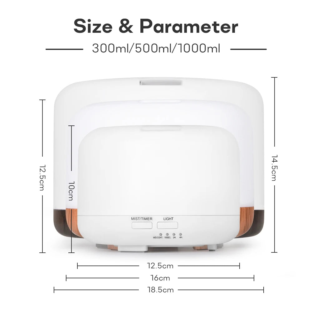 Essential Oil Diffuser & Humidifier – 300ml / 500ml / 1000ml with LED Lights & Remote Control