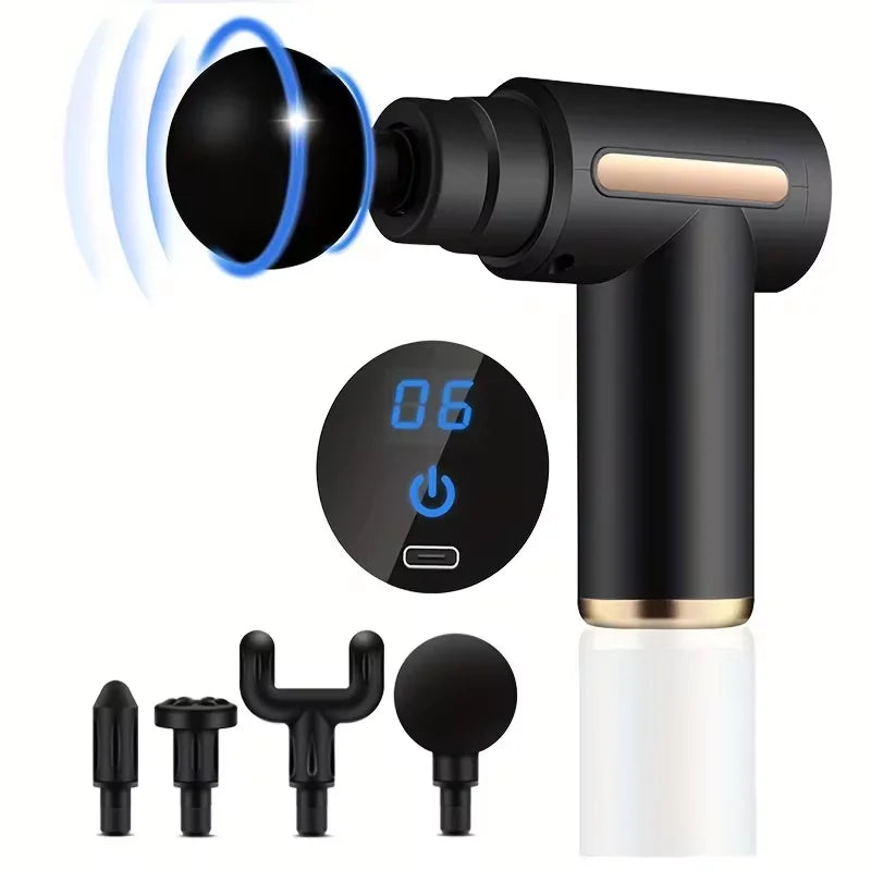 Portable Percussion Massage Gun – 4 Heads, LED Touch Screen, Deep Muscle Relief
