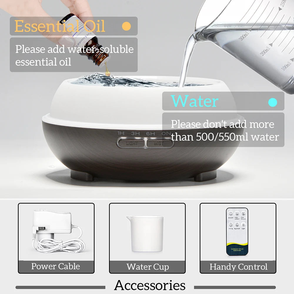 500ml Wood Grain Aromatherapy Diffuser – Remote Control & 7 Colour LED Ultrasonic Humidifier