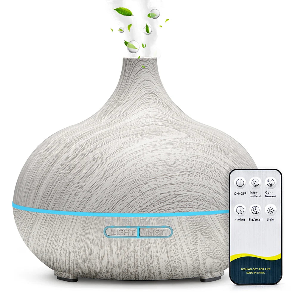 500ml Wood Grain Aromatherapy Diffuser – Remote Control, 7 Colour LED & Ultrasonic Humidifier