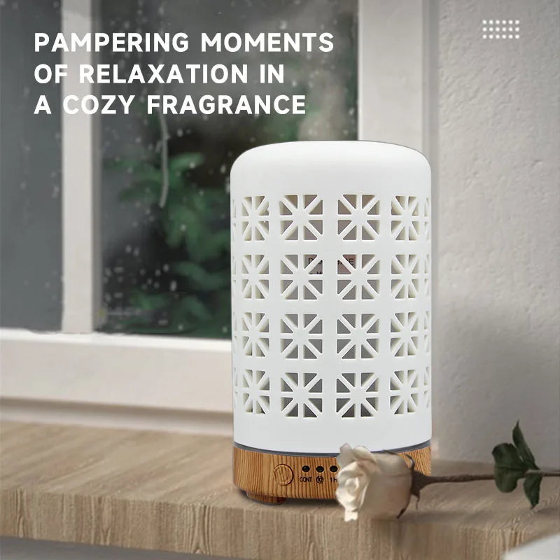 Ceramic Ultrasonic Aroma Diffuser – Timer, LED Lights & Desktop Essential Oil Humidifier