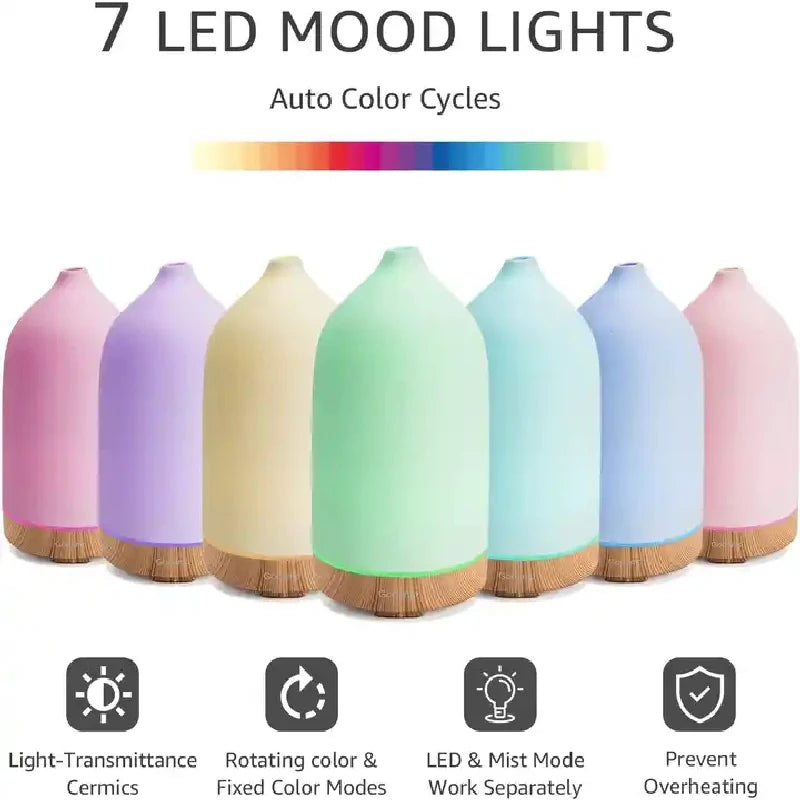 Ceramic Aroma Diffuser – Aromatherapy Cool Mist Ultrasonic Humidifier with 7 LED Colours