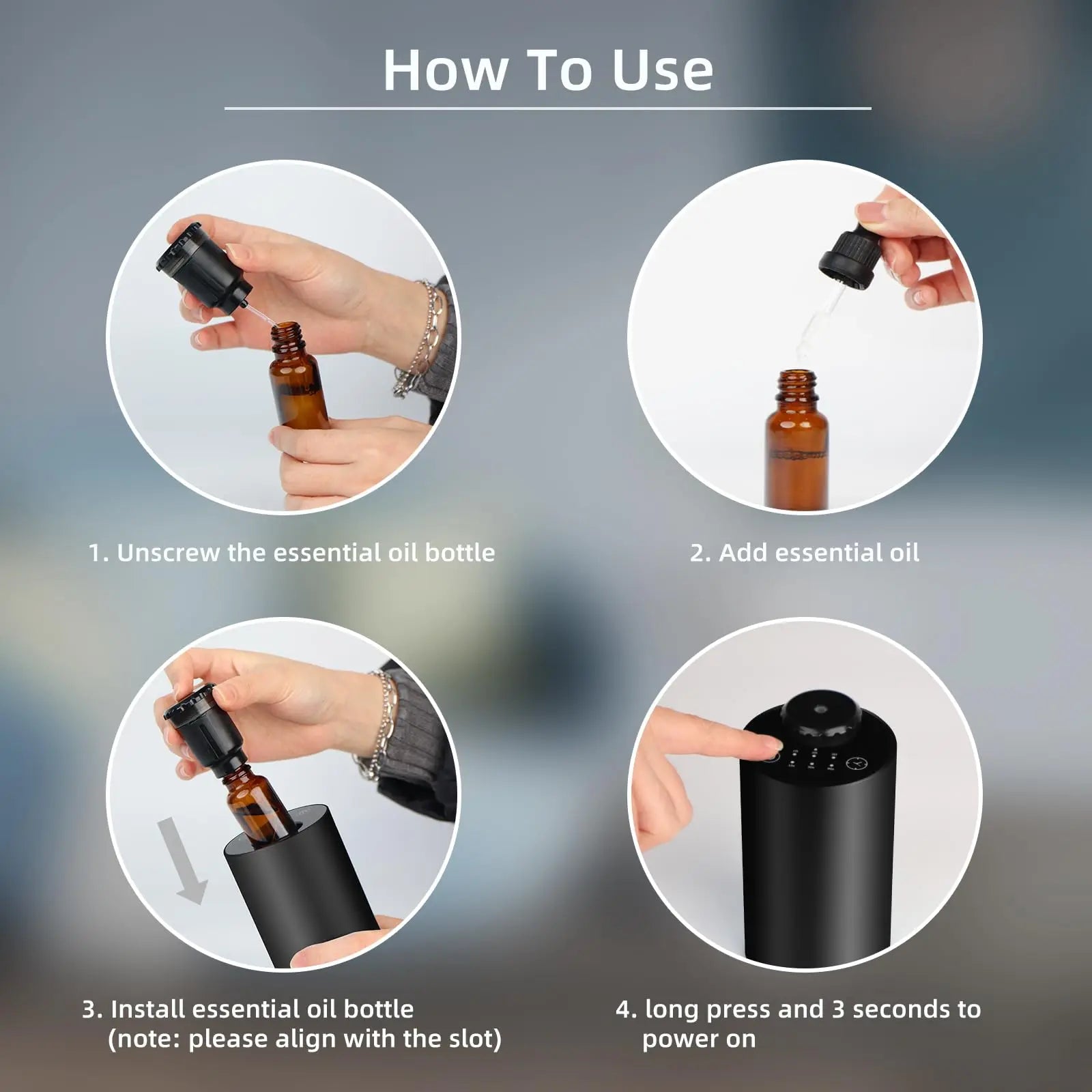 Waterless Cordless Essential Oil Diffuser – Battery Operated, 3 Mist Levels for Car & Home