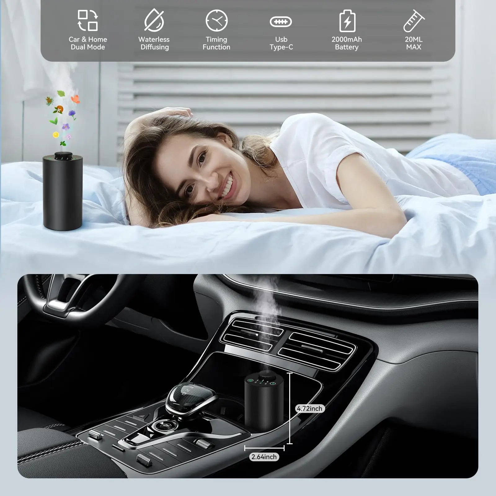 Waterless Cordless Essential Oil Diffuser – Battery Operated, 3 Mist Levels for Car & Home