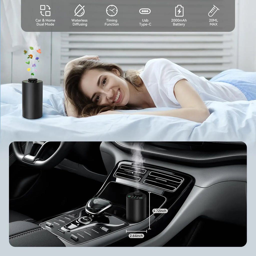 Waterless Cordless Essential Oil Diffuser – Battery Operated, 3 Mist Levels, Car & Home Use