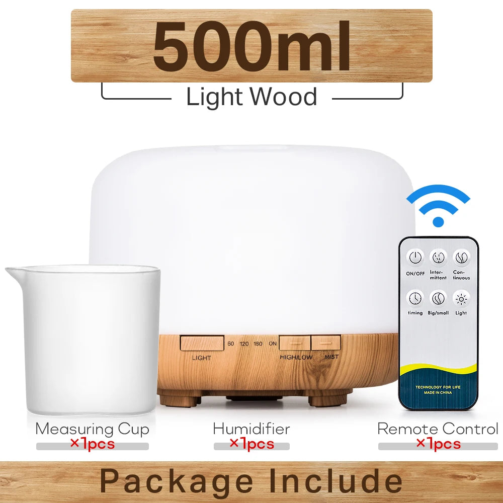 Essential Oil Diffuser & Humidifier – 300ml / 500ml / 1000ml with LED Lights & Remote Control