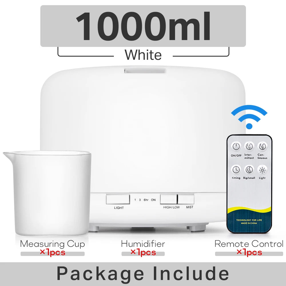 Essential Oil Diffuser & Humidifier – 300ml / 500ml / 1000ml with LED Lights & Remote Control