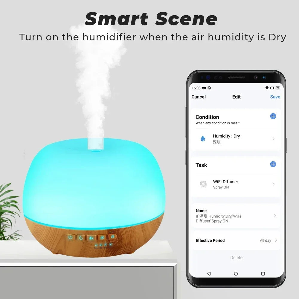 Smart WiFi 500ml Aromatherapy Diffuser – Tuya, Alexa & Google Home Compatible, 7 LED Colours