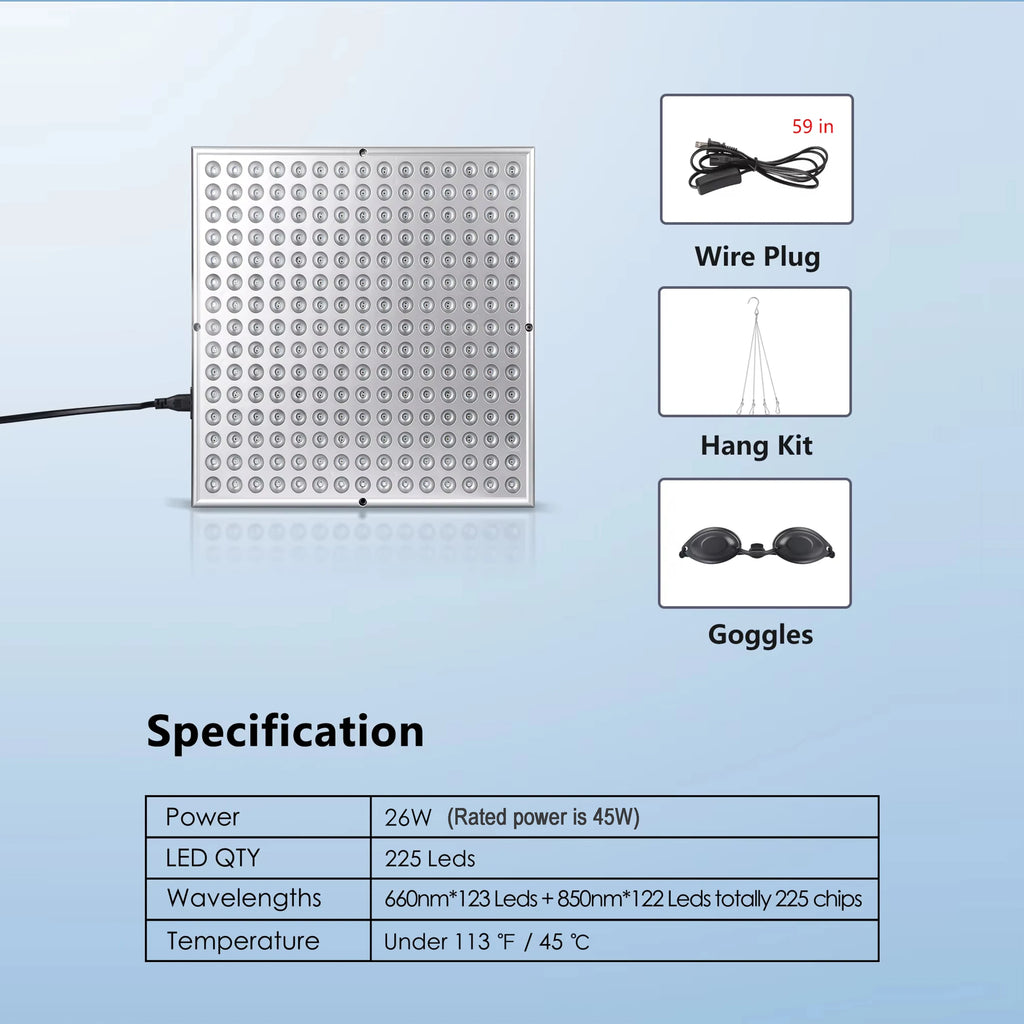 LED Red Light Therapy Panel – 225 LEDs, 660nm & 850nm for Skin & Body Relief