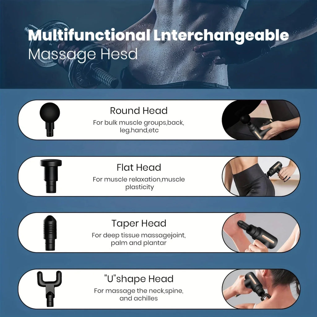 Portable Percussion Massage Gun – 4 Heads, LED Touch Screen, Deep Muscle Relief