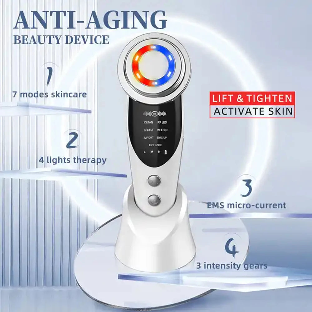 7-in-1 RF & EMS Microcurrent Lifting Device – LED Vibration Anti-Ageing Facial Beauty Wand