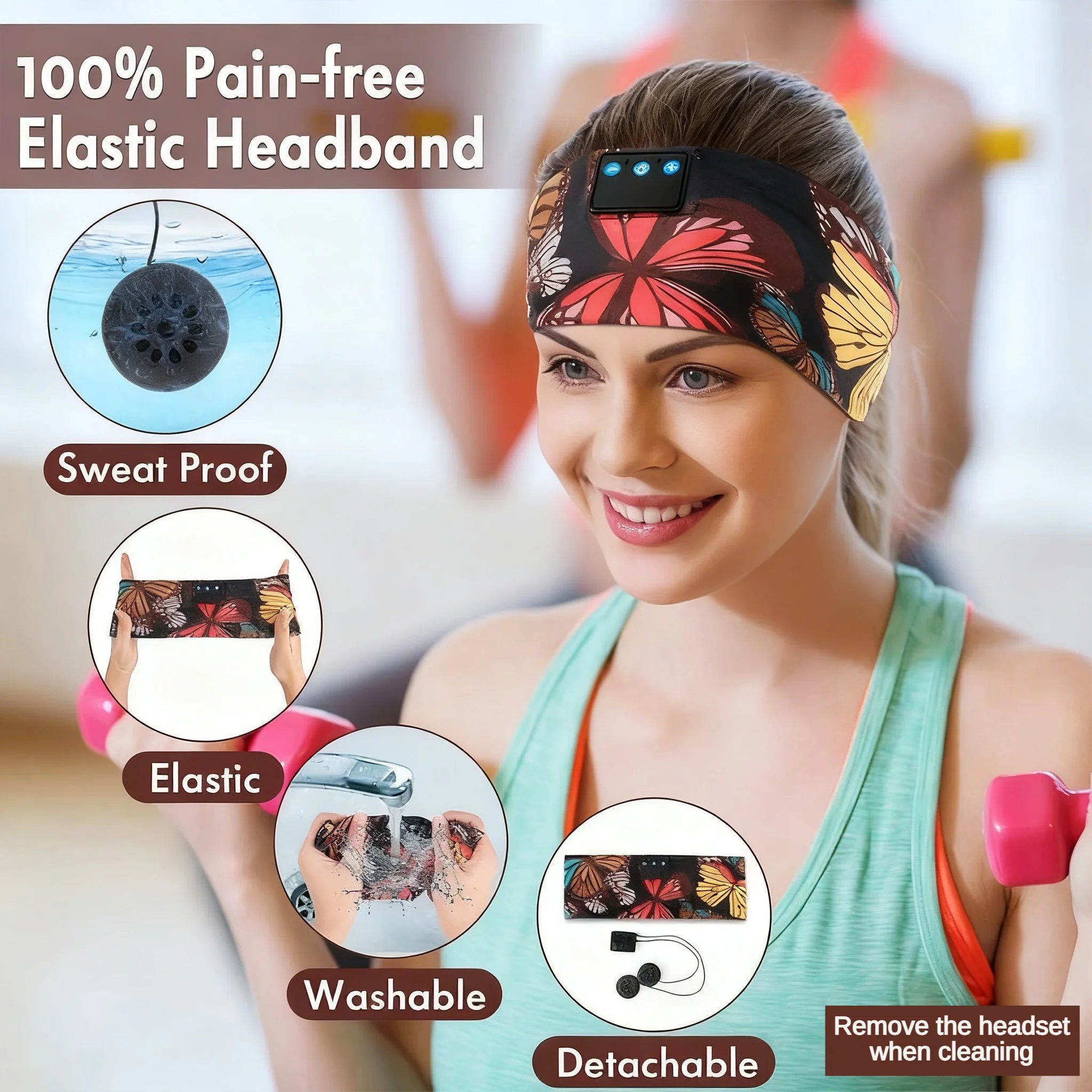 Butterfly Print Bluetooth Headband – Sweatproof Sleep & Workout Eye Mask Wireless Headset