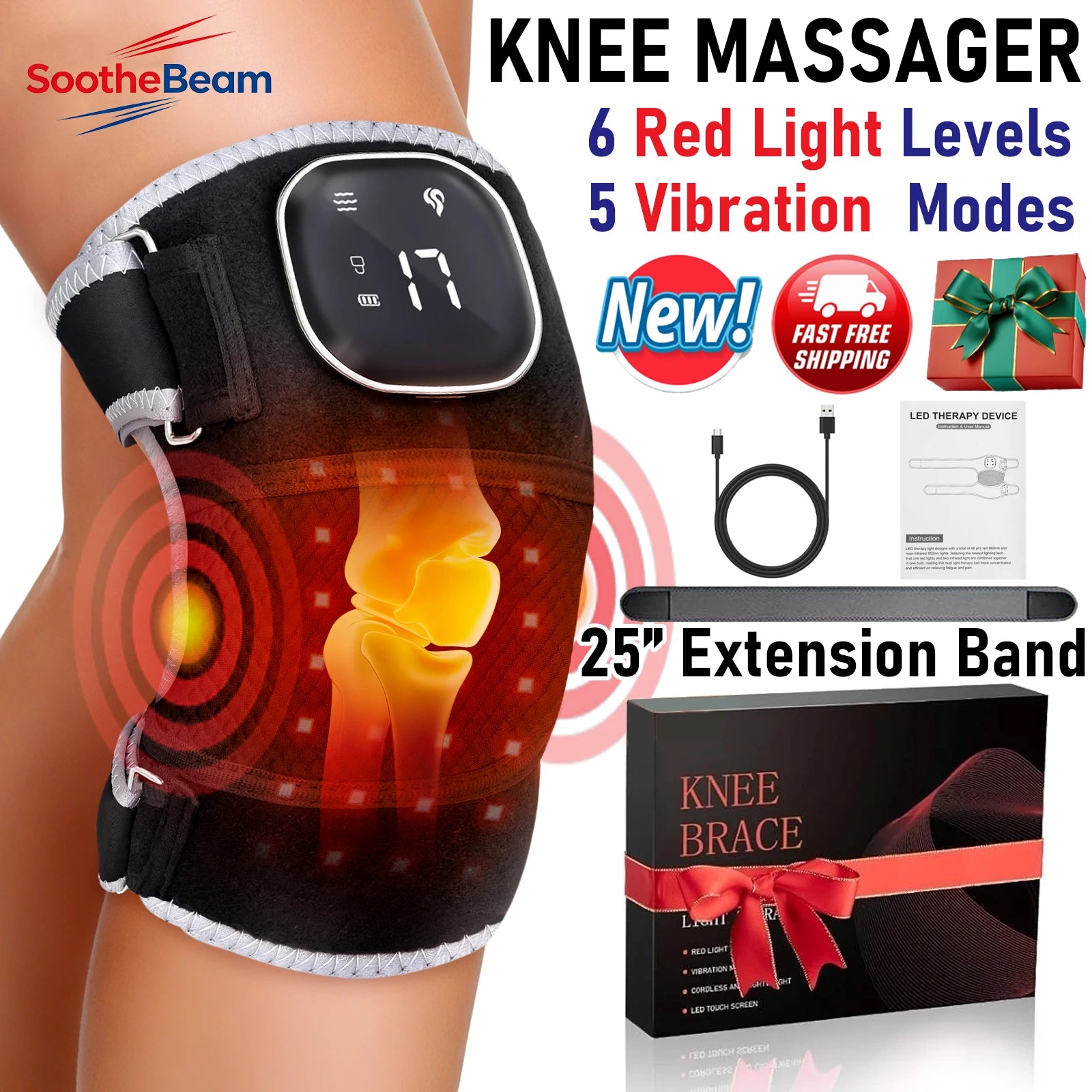 USB 3-in-1 Red Light Therapy Brace – 660nm & 850nm Infrared Heat + Vibration for Knee, Shoulder & Elbow