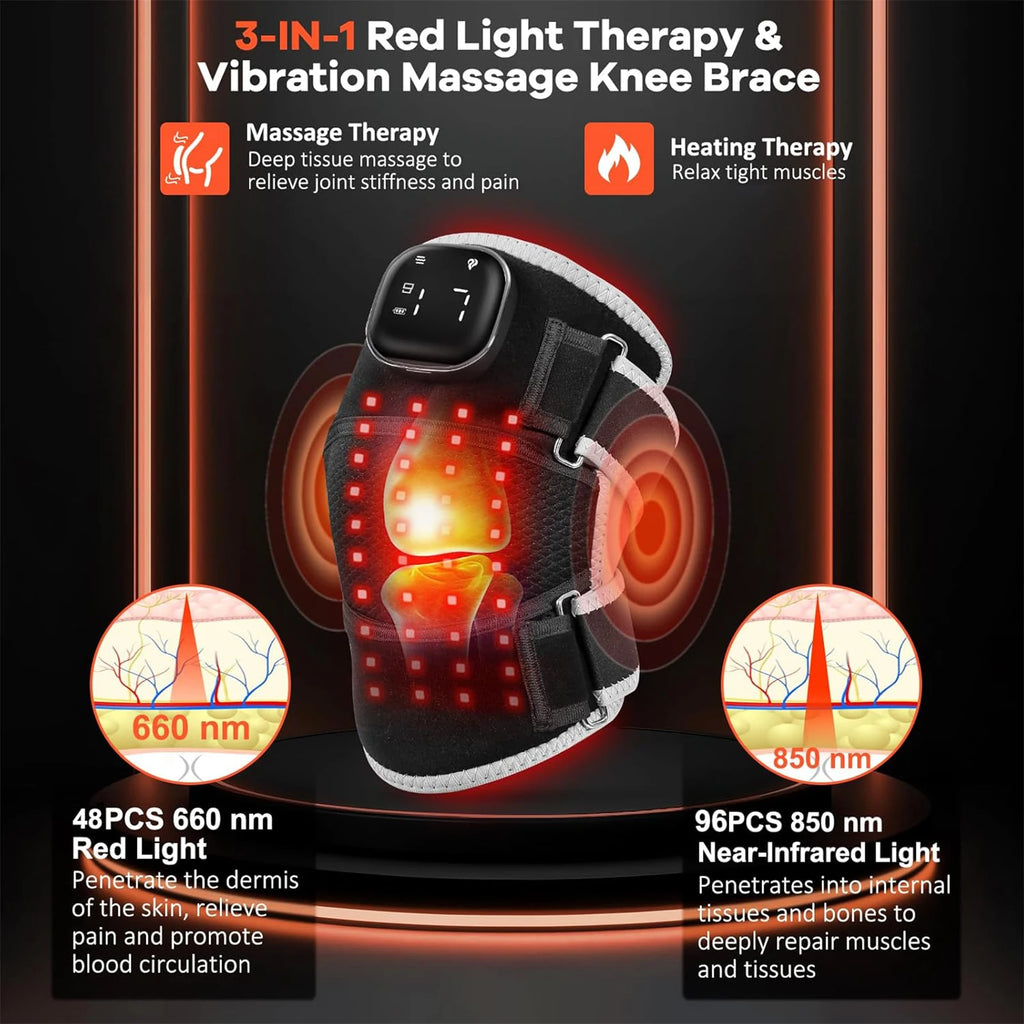 USB 3-in-1 Red Light Therapy Brace – 660nm & 850nm Infrared Heat + Vibration for Knee, Shoulder & Elbow
