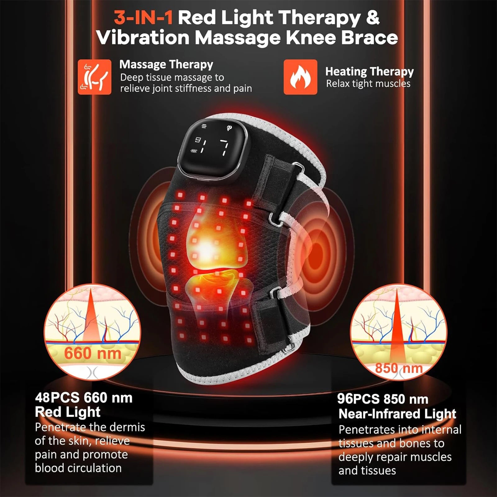 USB 3-in-1 Red Light Therapy Brace – 660nm & 850nm Infrared Heat + Vibration for Knee, Shoulder & Elbow